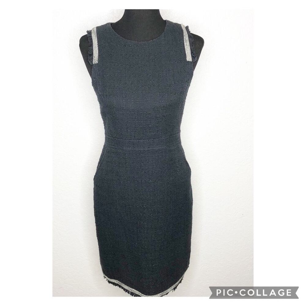 J Crew black fringe trim bouchle knit sleeveless sheath dress size 6
